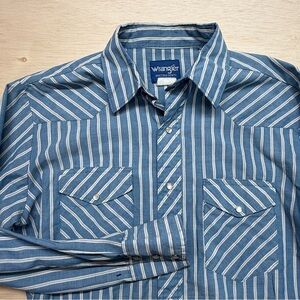 Vintage Wrangler Shirt Mens Medium Blue Stripe Pearl Snap Western Cowboy